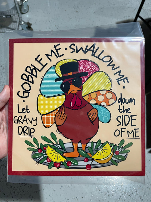 Wreath Sign, Gobble Me Thanksgiving Cool Turkey 10"x10" Metal Sign DECOE-200, Sign For Wreath, DecoExchange - DecoExchange