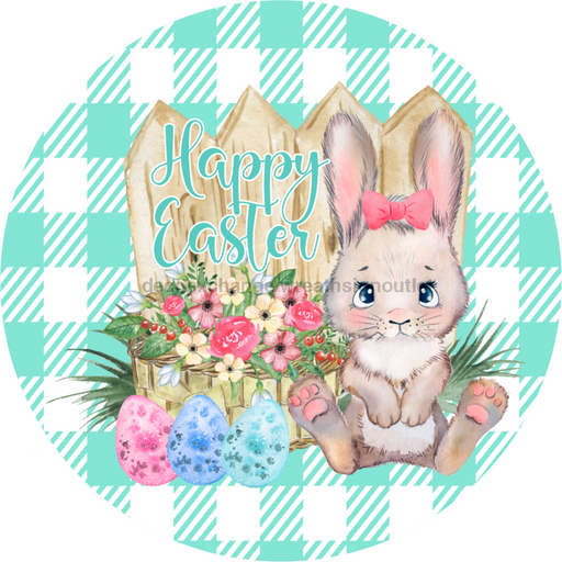 Wreath Sign, Green Easter Sign, Plaid Bunny, 10" Round Metal Sign DECOE-457, Sign For Wreath, DecoExchange - DecoExchange