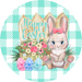 Wreath Sign, Green Easter Sign, Plaid Bunny, 18" Wood Round  Sign DECOE-457, Sign For Wreath, DecoExchange