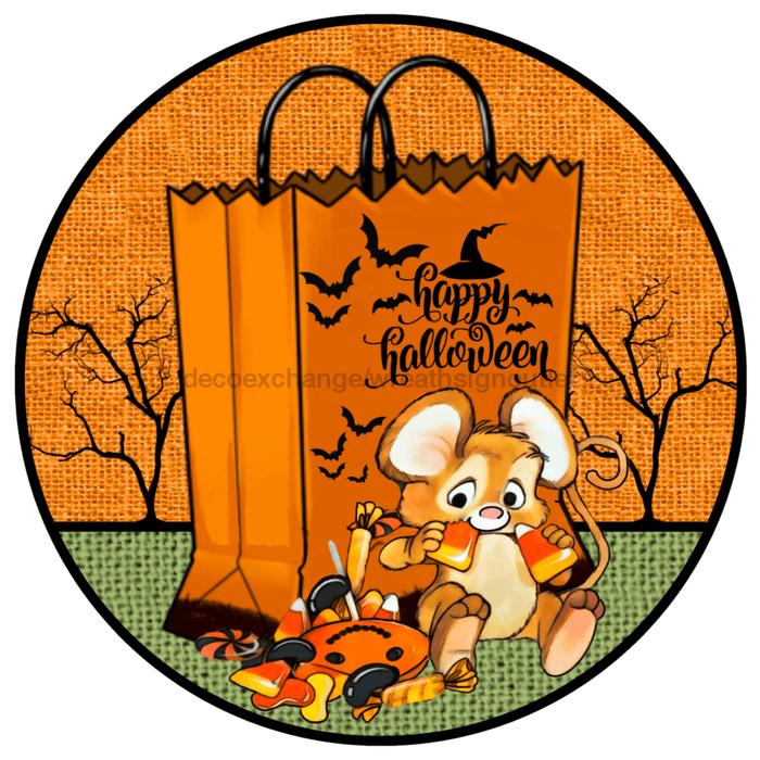 Wreath Sign, Halloween Candy Corn Mouse 10" Round Metal Sign DECOE-175, Sign For Wreath, DecoExchange - DecoExchange