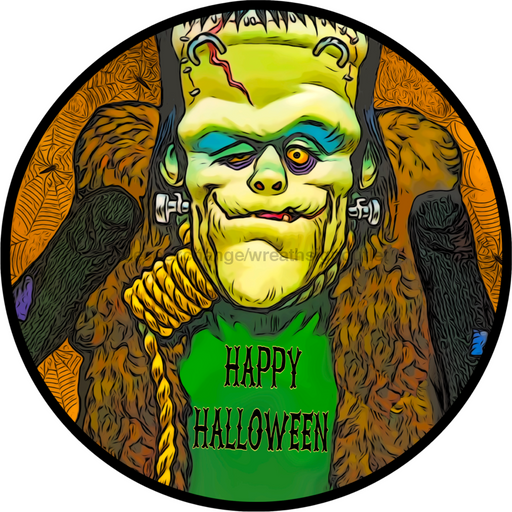 Wreath Sign, Halloween - Frankenstein 10" Round Metal Sign DECOE-173, DecoExchange, Sign For Wreaths - DecoExchange