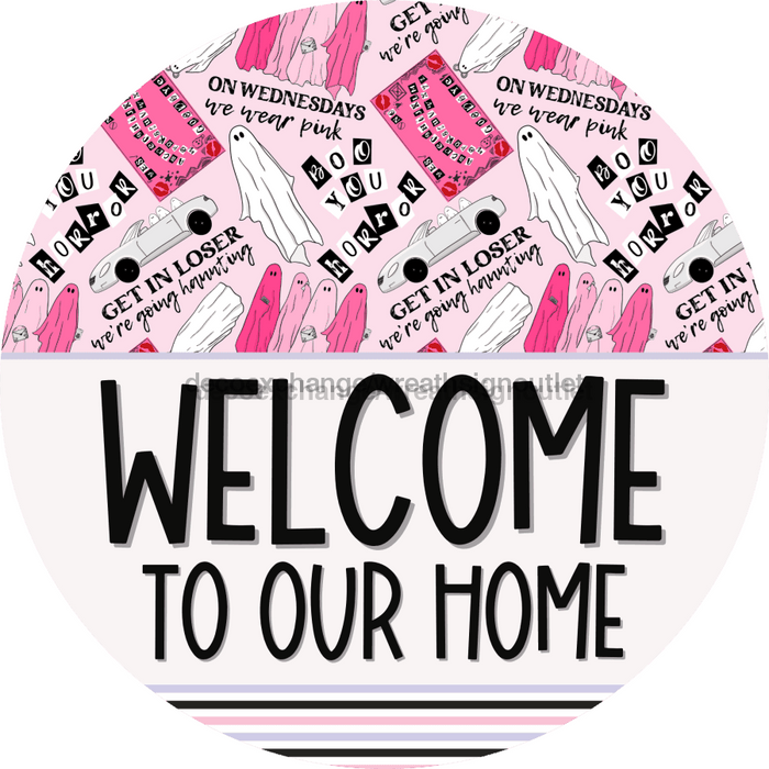Wreath Sign Halloween Wreath Sign Funny Welcome Wednesday We Wear Pink Decoe-2392 For Round 10 Wood