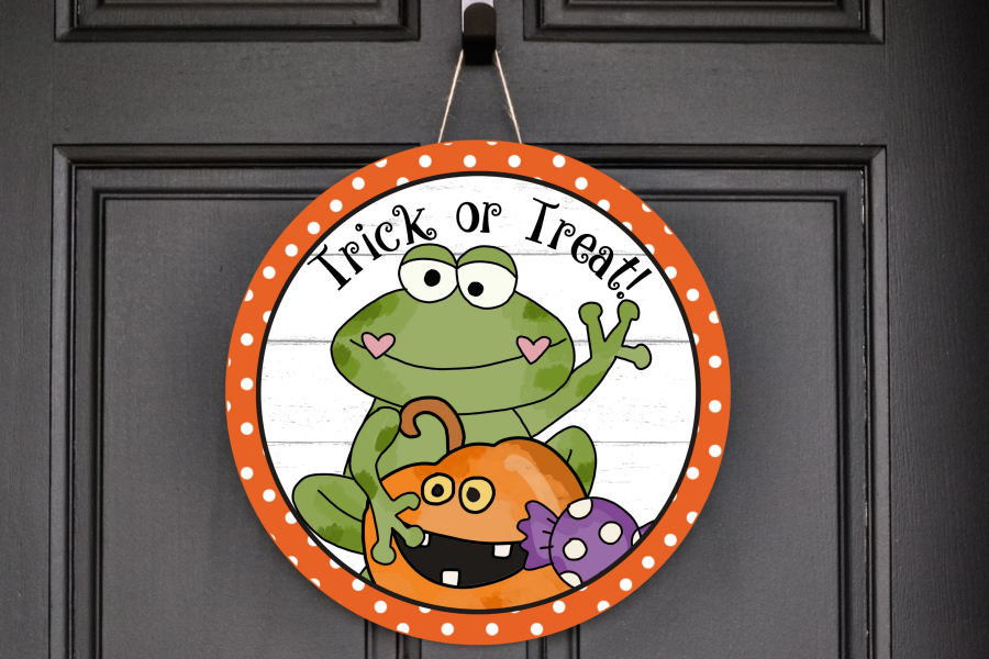 Wreath Sign, Halloween Sign, Trick or Treat Sign, Frog Sign, DECOE-2025, Sign For Wreath, DecoExchange - DecoExchange®