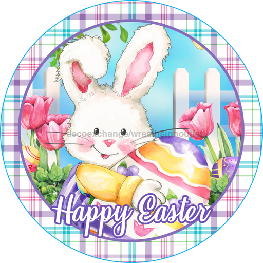 Wreath Sign, Happy Easter Sign, Round Easter Sign, Plaid Easter, DECOE-538, Sign For Wreath, DecoExchange - DecoExchange