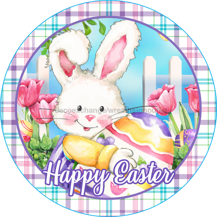 Wreath Sign, Happy Easter Sign, Round Easter Sign, Plaid Easter, DECOE-538, Sign For Wreath, DecoExchange - DecoExchange