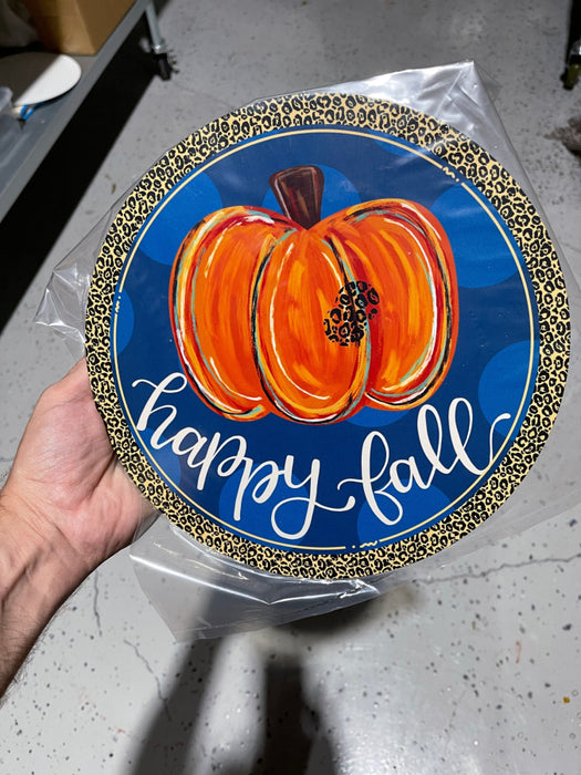 Wreath Sign, Happy Fall Leopard Pumpkin - 10" Round Metal Sign - TB-002, DecoExchange, Sign For Wreaths - DecoExchange