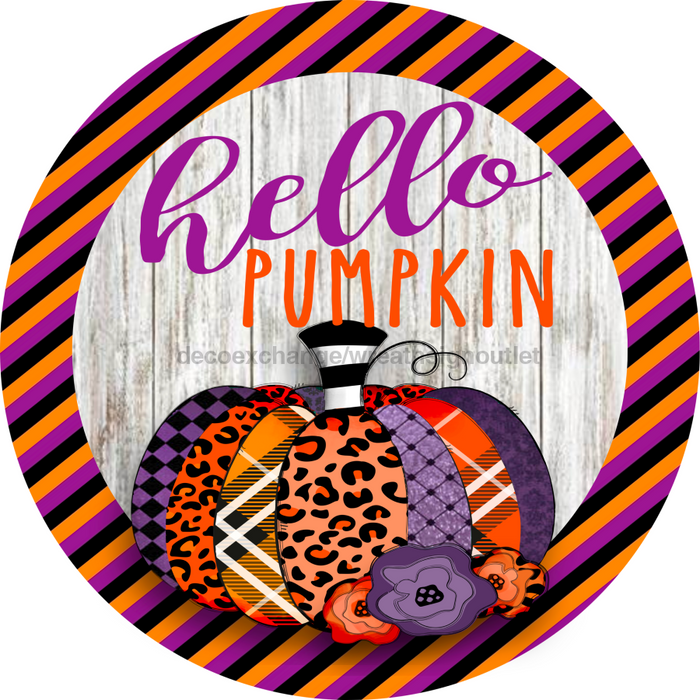 Wreath Sign, Hello Pumpkin Sign, Halloween Sign, 18" Wood Round  Sign DECOE-861, Sign For Wreath, DecoExchange
