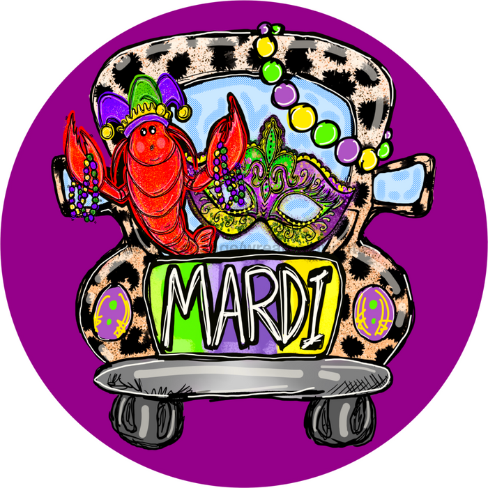 Wreath Sign, Mardi Gras Sign, Mardi Gras Truck, 12" Round, Metal Sign, DECOE-688, DecoExchange, Sign For Wreath - DecoExchange