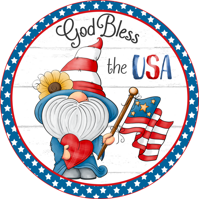 Wreath Sign, Patriotic Sign, Patriotic Gnome, 12" Round, Metal Sign, DECOE-111, DecoExchange, Sign For Wreath - DecoExchange