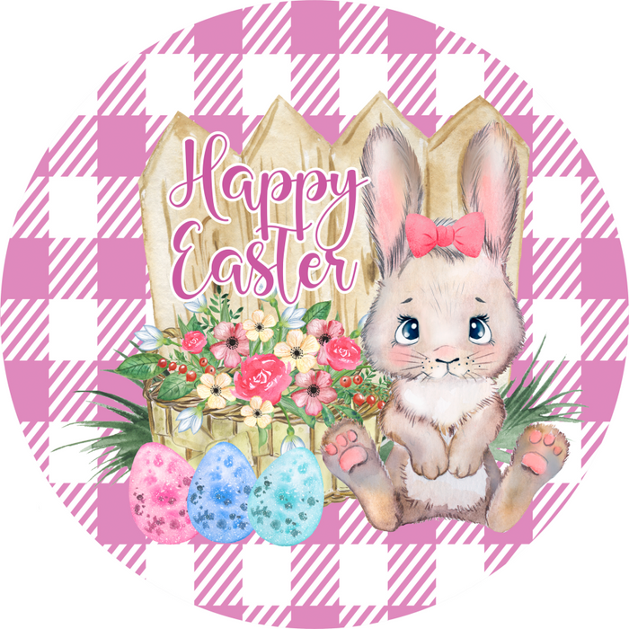Wreath Sign, Pink Easter Sign, Plaid Bunny, 18" Wood Round  Sign DECOE-459, Sign For Wreath, DecoExchange