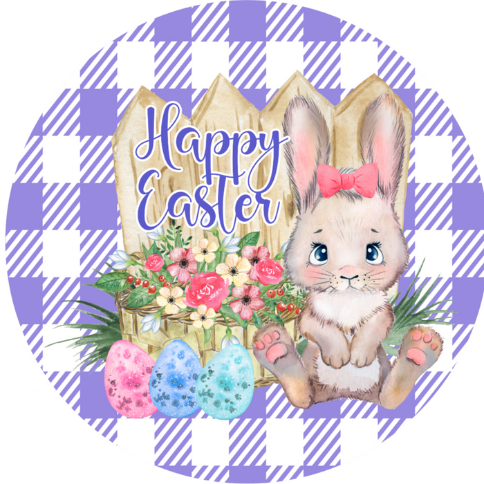 Wreath Sign, Purple Easter Sign, Plaid Bunny, 18" Wood Round  Sign DECOE-458, Sign For Wreath, DecoExchange