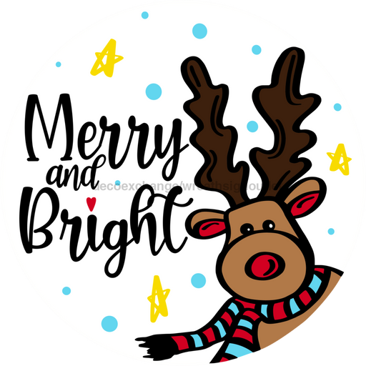 Wreath Sign, Reindeer Sign, Merry and Bright, Christmas Sign, 12" Round, Metal Sign, DECOE-757, DecoExchange, Sign For Wreath - DecoExchange