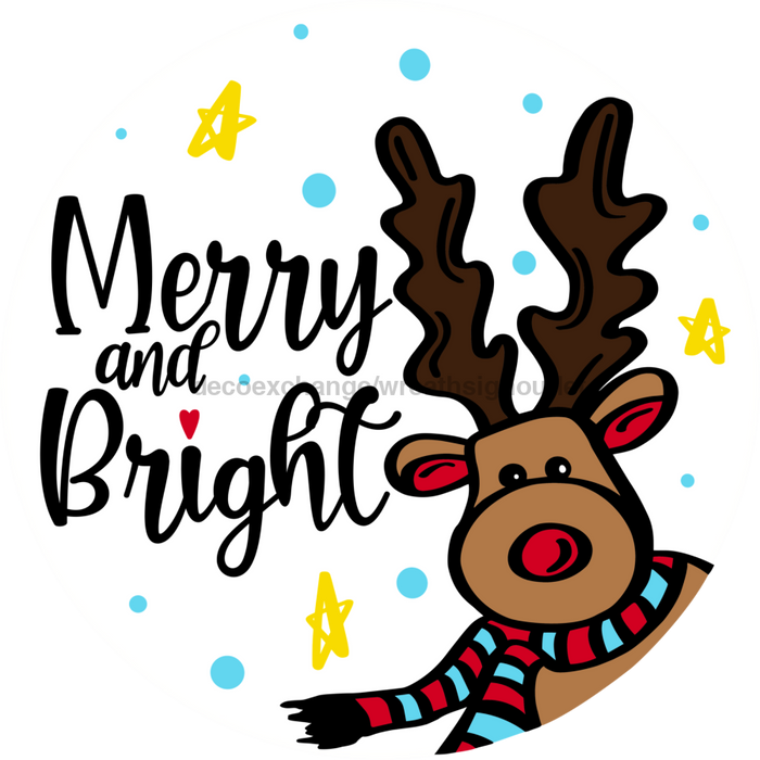 Wreath Sign, Reindeer Sign, Merry and Bright, Christmas Sign, 12" Round, Metal Sign, DECOE-757, DecoExchange, Sign For Wreath - DecoExchange