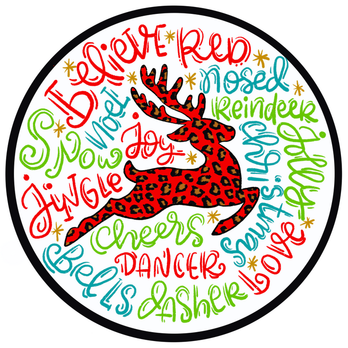 Wreath Sign, Reindeer Typography 12" Round Metal Sign DECOE-190, Sign For Wreath, DecoExchange - DecoExchange