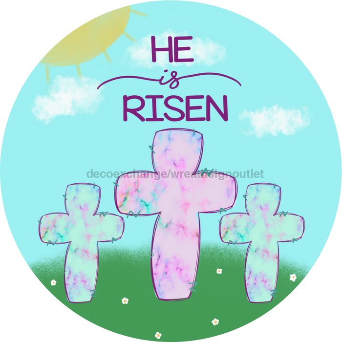 Wreath Sign, Religious Easter Sign, He Is Risen, 10" Round Metal Sign DECOE-437, Sign For Wreath, DecoExchange - DecoExchange