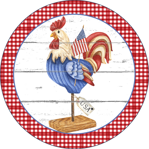 Wreath Sign, Rooster Sign, Patriotic Sign, 18" Wood Round  Sign DECOE-254, Sign For Wreath, DecoExchange