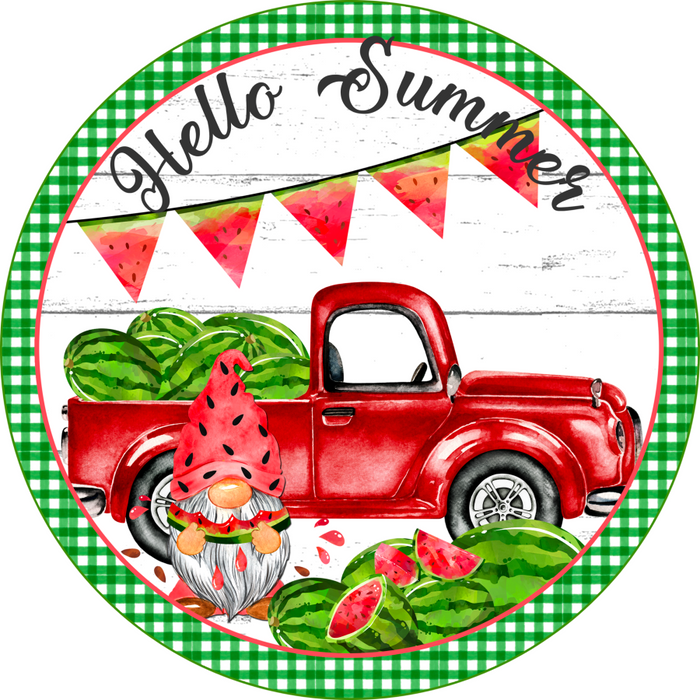 Wreath Sign, Summer Sign, Truck and Watermelon Sign, 12" Round Metal Sign DECOE-834, Sign For Wreath, DecoExchange - DecoExchange