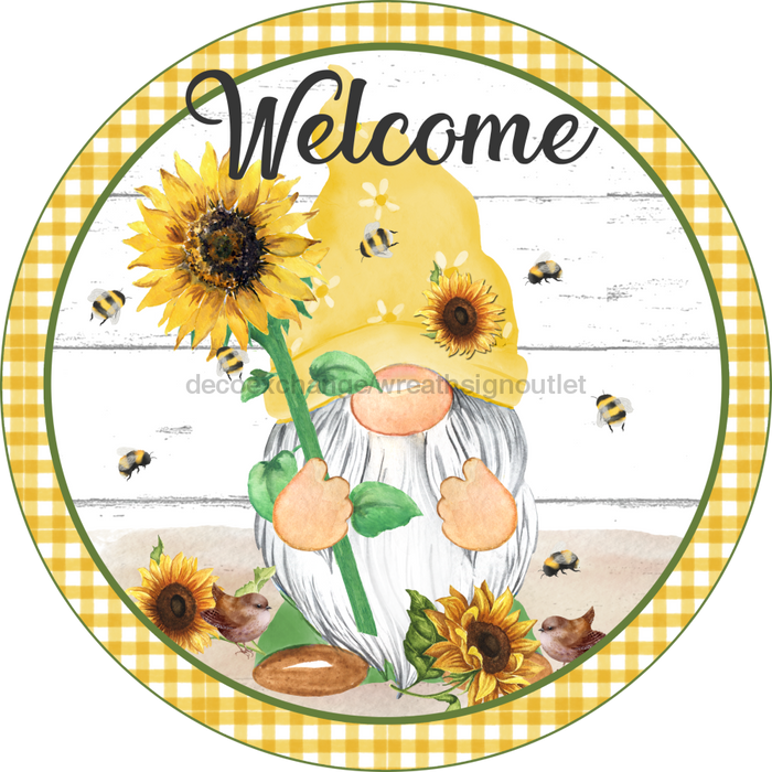 Wreath Sign, Sunflower Gnome, Welcome Sign, 10" Round Metal Sign DECOE-275, Sign For Wreath, DecoExchange - DecoExchange