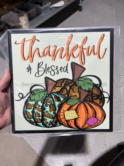 Wreath Sign, Thankful and Blessed Pumpkins 10"x10" Metal Sign DECOE-149, Sign For Wreath, DecoExchange - DecoExchange