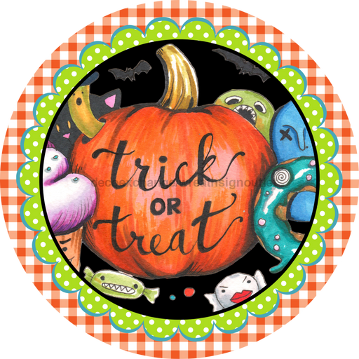 Wreath Sign, Trick or Treat Sign, Halloween Sign, DECOE-2100, Sign For Wreath, Round Sign, DecoExchange - DecoExchange®