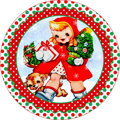 Wreath Sign, Vintage Christmas Sign, Christmas Girl, 12" Round, Metal Sign, DECOE-752, DecoExchange, Sign For Wreath - DecoExchange