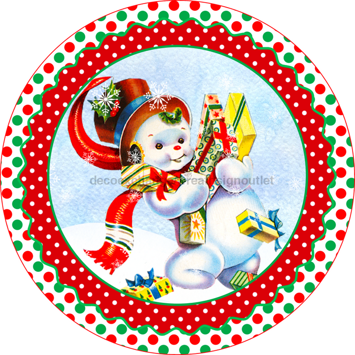 Wreath Sign, Vintage Christmas Sign, Snowman Sign, 18" Wood Round,  Sign, DECOE-667, DecoExchange, Sign For Wreath