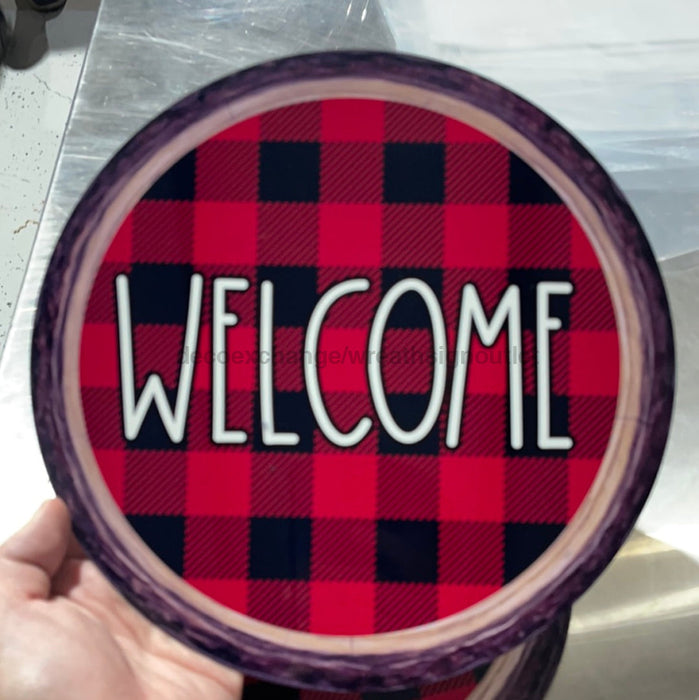 Wreath Sign, Welcome - Buffalo Check Red Dark Wood Round 10" Round Metal Sign DECOE-179D, DecoExchange, Sign For Wreaths - DecoExchange