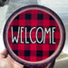 Wreath Sign, Welcome - Buffalo Check Red Dark Wood Round 10" Round Metal Sign DECOE-179D, DecoExchange, Sign For Wreaths - DecoExchange