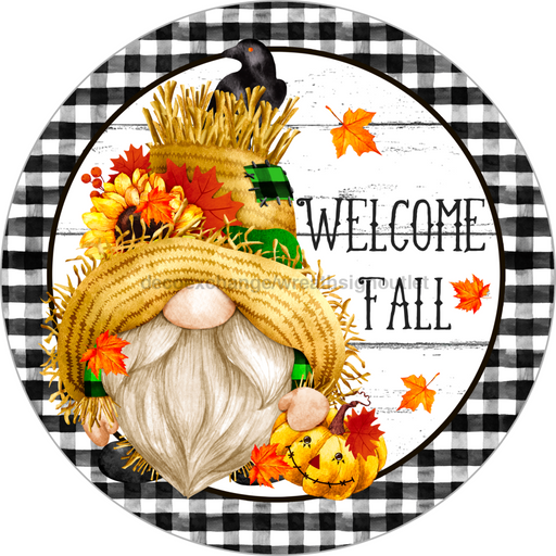 Wreath Sign, Welcome Fall, Gnome Fall Sign, 18" Wood Round  Sign DECOE-740, Sign For Wreath, DecoExchange