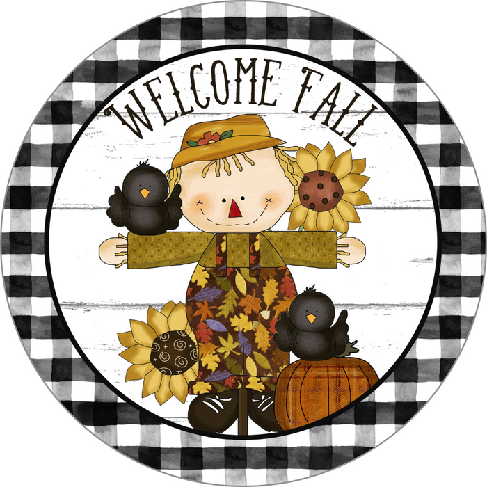 Wreath Sign, Welcome Fall Sign, Scarecrow Sign, 12" Round, Metal Sign, DECOE-106, DecoExchange, Sign For Wreath - DecoExchange