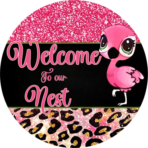 Wreath Sign, Welcome Sign, Flamingo Sign, 18" Wood Round  Sign DECOE-296, Sign For Wreath, DecoExchange