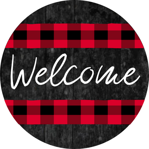 Wreath Sign, Welcome Sign, Red and Black Sign, 18" Wood Round  Sign DECOE-848, Sign For Wreath, DecoExchange