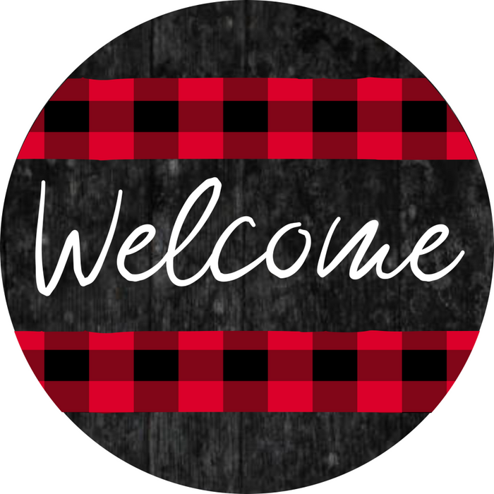 Wreath Sign, Welcome Sign, Red and Black Sign, 18" Wood Round  Sign DECOE-848, Sign For Wreath, DecoExchange