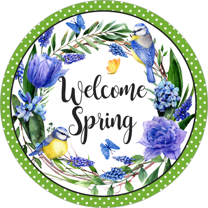 Wreath Sign, Welcome Spring Sign, Blue Flower Sign, DECOE-527, Sign For Wreath, DecoExchange - DecoExchange