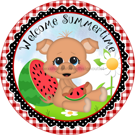 Wreath Sign, Welcome Summer Sign, Watermelon Sign, Pig Sign, DECOE-528, Sign For Wreath, DecoExchange - DecoExchange