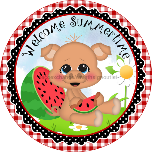 Wreath Sign, Welcome Summer Sign, Watermelon Sign, Pig Sign, DECOE-528, Sign For Wreath, DecoExchange - DecoExchange