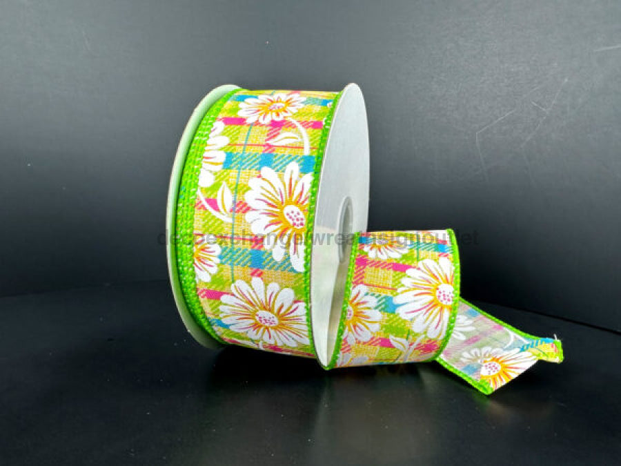 Yellow Satin/Fuchsia-Lime-Turquoise Plaid/White Gerberas 1.5’’X10Y 41525-09-09 Ribbon
