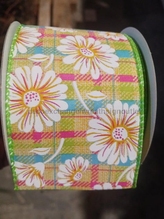 Yellow Satin/Fuchsia-Lime-Turquoise Plaid/White Gerberas 2.5’’X10Y 41525-40-09 Ribbon