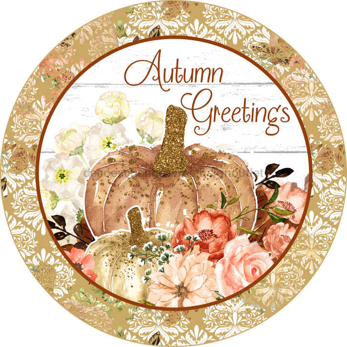 Wreath Sign, Autmn Greetings Sign, 10" Round, Metal Sign, DECOE-103, DecoExchange, Sign For Wreath - DecoExchange