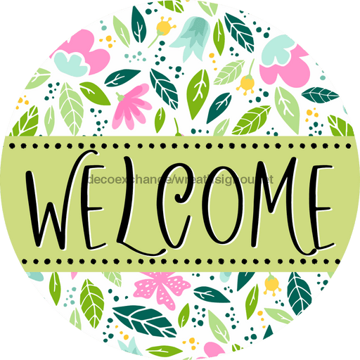 Welcome Wreath Sign, Floral Wreath, DECOE-4134, 10 vinyl Round