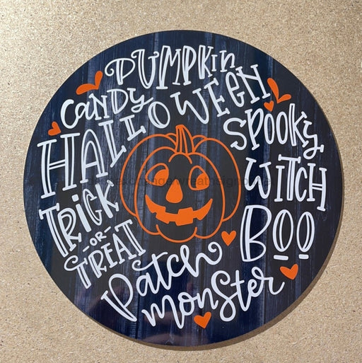 Wreath Sign, Halloween Pumpkin Typography 12" Round Metal Sign DECOE-150, DecoExchange, Sign For Wreaths - DecoExchange