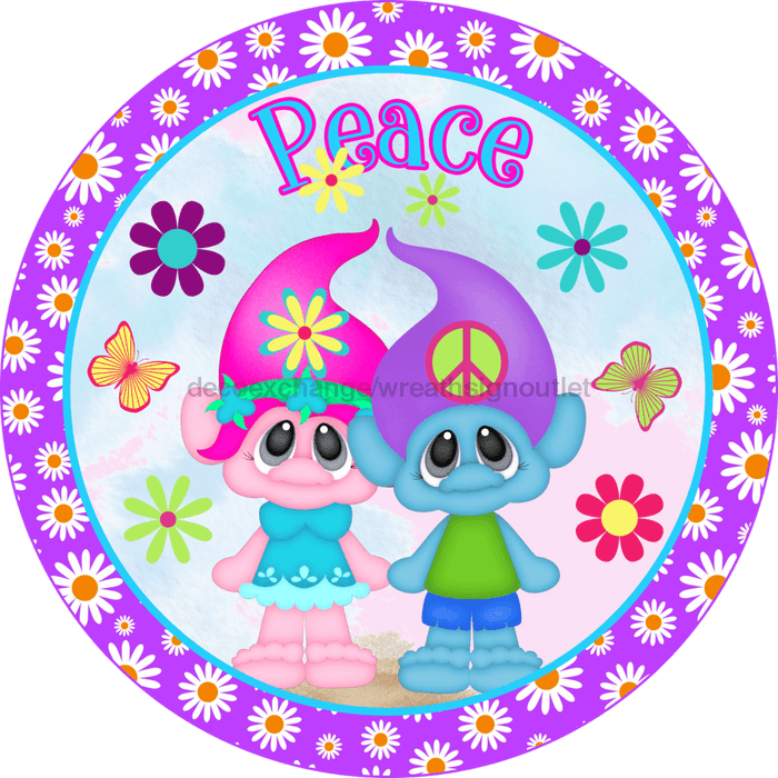 Wreath Sign, Peace Sign, Trolls Sign, 18" Wood Round  Sign DECOE-276, Sign For Wreath, DecoExchange